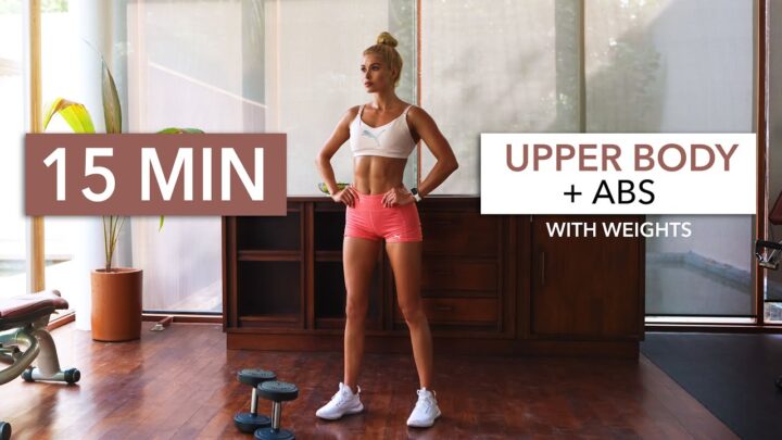 15 MIN UPPER BODY + ABS – Gym Style, Circuit Training with breaks, weights / alternative: bottles
